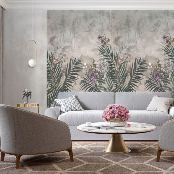 Living cu canapea gri: perete floral Rocko R161 Golden Cane A și, în stânga, perete uni Rocko R162 Golden Cane B