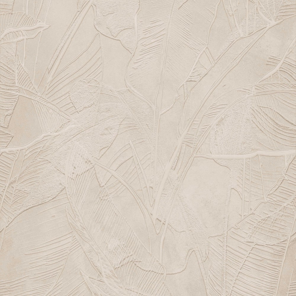 Decorul Rocko R160 Skali văzut din față: frunze mari cu aspect de relief pe un fond bej deschis, ca o tencuială Decorul Rocko R160 Skali văzut din față: frunze mari cu aspect de relief pe un fond bej deschis, ca o tencuială