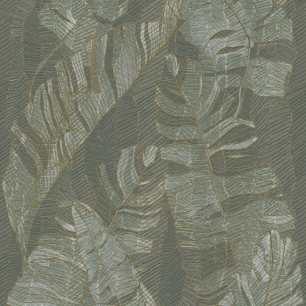 Decorul Rocko R163 Silver Sage văzut din față: frunze tropicale mari, verde-salvie, conturate cu linii aurii Decorul Rocko R163 Silver Sage văzut din față: frunze tropicale mari, verde-salvie, conturate cu linii aurii