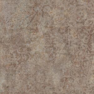 Decorul Rocko R254 Silk Road văzut din față: ornamente florale estompate, maro și cărămizii, pe fond gri-bej cu textură de pânză
