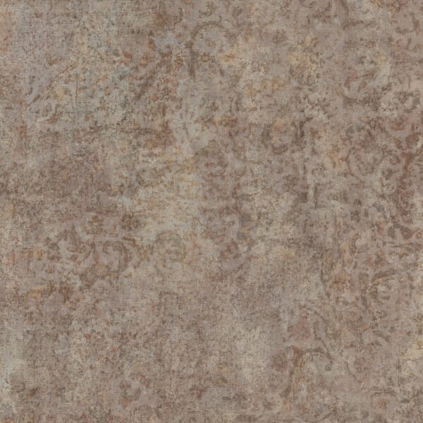 Decorul Rocko R254 Silk Road văzut din față: ornamente florale estompate, maro și cărămizii, pe fond gri-bej cu textură de pânză