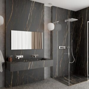 Baie placată cu Rocko R258 Lorento Noir: lavoar suspendat în același decor, oglindă lată și duș cu perete de sticlă