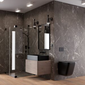 Baie cu lavoar negru pe corp din stejar, vas WC suspendat negru și cabină de duș, cu pereți Rocko R261 Nebulous Black