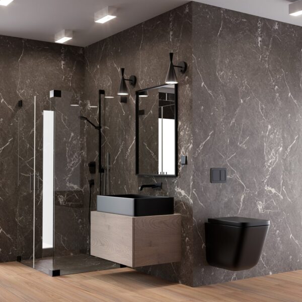Baie cu lavoar negru pe corp din stejar, vas WC suspendat negru și cabină de duș, cu pereți Rocko R261 Nebulous Black