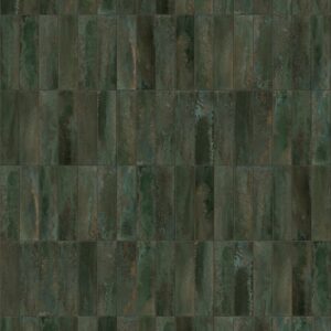Decorul Rocko R264 Kasbah Green văzut din față: plăcuțe dreptunghiulare verticale verde închis, cu reflexe arămii