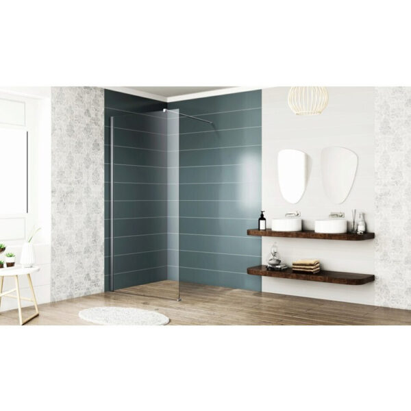 Paravan walk-in E6A-7A-C din sticlă clară, montat într-o baie cu faianță verde-închis
