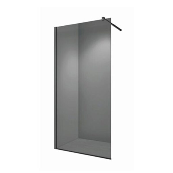 Paravan duș walk-in E6A-7A-D Gray Fog din sticlă fumurie, cu profil și bară negre, pe fundal alb