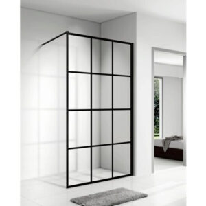 Paravan walk-in E6A-7C Black Squares cu caroiaj negru, într-o baie albă cu ușă spre dormitor