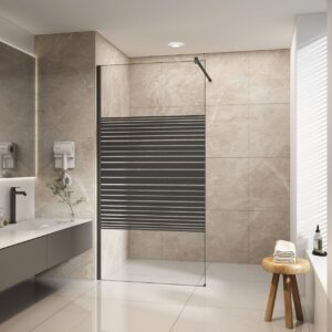 Paravan walk-in E6A-7EB Black Lines într-o baie bej, lângă lavoarul suspendat cu baterie neagră