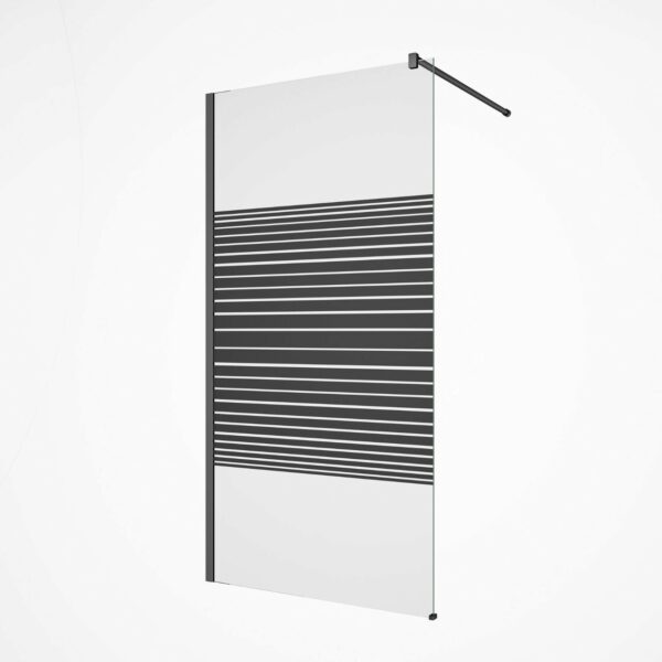 Paravan duș walk-in E6A-7EB Black Lines, sticlă clară cu bandă de dungi negre, profil și bară negre, pe fundal alb