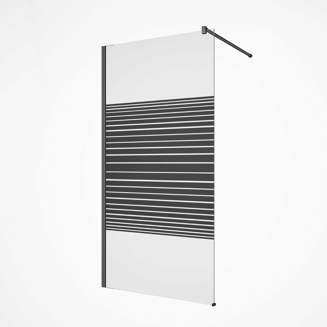 Paravan walk-in E6A-7EB Black Lines – ansamblu Paravan duș walk-in E6A-7EB Black Lines, sticlă clară cu bandă de dungi negre, profil și bară negre, pe fundal alb