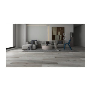 Living modern cu canapea gri, măsuțe rotunde și scaun albastru, pe parchet laminat gri Bella Casa Cerat 600143