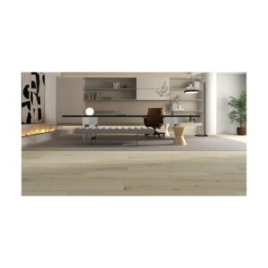 Living cu șemineu, bancă tapițată și birou, pe parchet laminat crem Bella Casa Cerat 600145