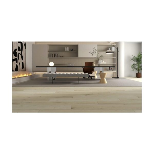 Living cu șemineu, bancă tapițată și birou, pe parchet laminat crem Bella Casa Cerat 600145