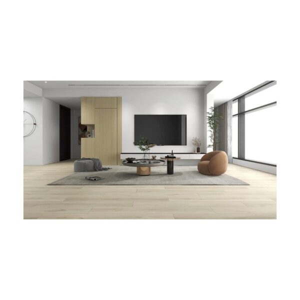 Living modern cu perete TV, canapea gri și fotoliu maro, pe parchet laminat crem Bella Casa Cerat 60093
