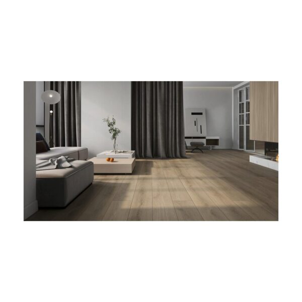 Living cu draperii închise la culoare și canapea gri, pe parchet laminat stejar ars Bella Casa Cerat 60096