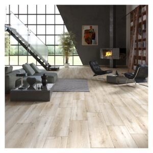 Living cu tavan înalt, scară de sticlă și șemineu, pe parchet laminat crem Classen Arteo 54821