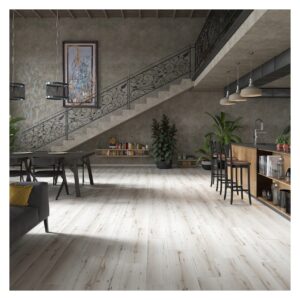 Spațiu deschis cu scară cu balustradă din fier forjat și bar de bucătărie, pe parchet laminat Classen Arteo 54835