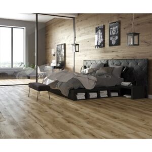 Dormitor cu pat negru tapițat, pe parchet Classen Arteo 54842 în ton de stejar natural