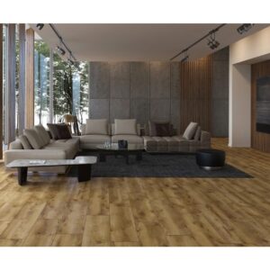 Classen Arteo 54845 montat într-un living mare, cu canapele bej și perete din beton