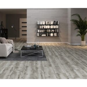 Living cu canapea albă și rafturi cu cărți, pe parchet laminat gri deschis Classen Arteo 54847