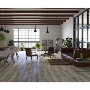 Loft cu grinzi de lemn, canapea din piele și ferestre mari, pe parchet laminat grej Classen Arteo 54848
