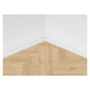 Classen Herringbone Manor 62704 montat în spic într-un colț de cameră, cu plintă albă