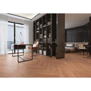 Birou cu bibliotecă neagră și fereastră mare, pe parchet laminat în spic Classen Herringbone Manor 62705