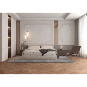 Dormitor clasic cu pereți cu mulaje și pat tapițat, pe parchet laminat în spic Classen Herringbone Manor 62706