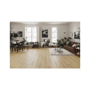 Classen Life 64973 montat într-un living cu zonă de dining, canapea din piele maro și scaune negre