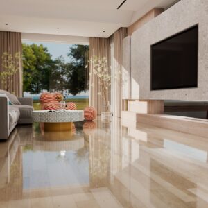 Living cu perete TV și canapea gri, pe parchet laminat lucios New Forest Lucios 01021 care reflectă lumina