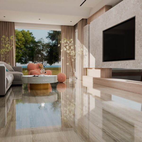 Living modern cu pardoseală lucioasă gri New Forest 825512, în care se reflectă mobilierul și fereastra