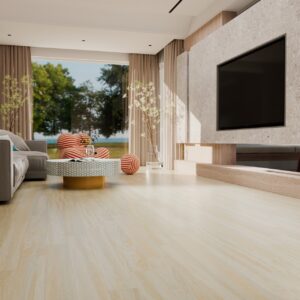 Living luminos cu perete TV și canapea gri, pe parchet laminat crem mat New Forest Mat 6333