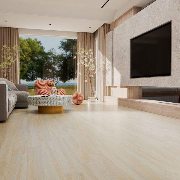 Living luminos cu perete TV și canapea gri, pe parchet laminat crem mat New Forest Mat 6333