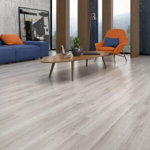 Oak Beirut 1206 montat într-un living cu canapea albastră, fotoliu portocaliu și măsuță din lemn