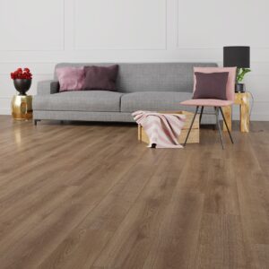 Oak Koper 1205 montat într-un living cu canapea gri, pernă mov și scaun roz