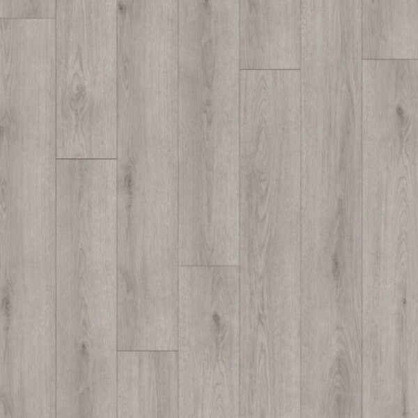 Parchet SPC Eco 881819 gri, decor de stejar cu noduri și fibră vizibilă, plăci decalate, vedere de sus