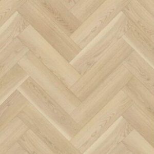 Parchet SPC Herringbone 64561 cu decor de stejar crem și fibră arcuită, plăci așezate în spic, vedere de sus
