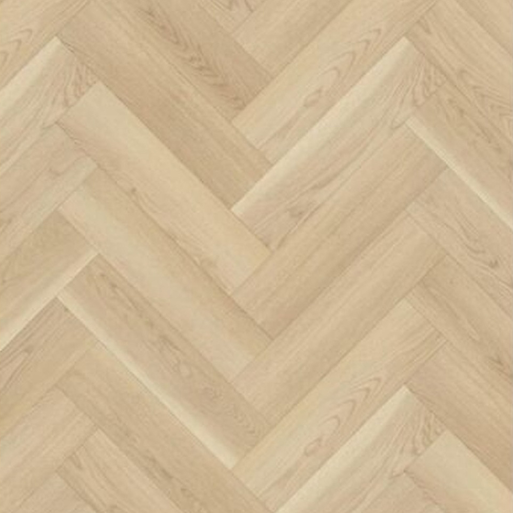 Parchet SPC Herringbone 64561, vedere de sus Parchet SPC Herringbone 64561 cu decor de stejar crem și fibră arcuită, plăci așezate în spic, vedere de sus