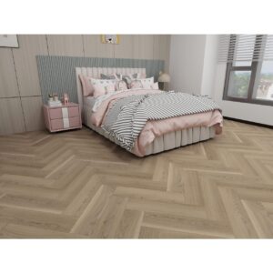 Parchet SPC Herringbone 64563 montat în spic într-o cameră de copil, cu pat tapițat roz și noptieră