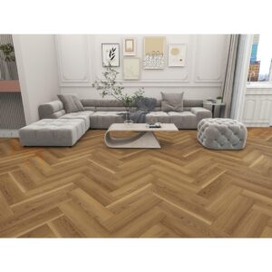 Parchet SPC Herringbone 64564 montat în spic într-un living cu canapea gri modulară și pereți cu profile