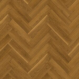 Parchet SPC Herringbone 64564 cu decor de stejar maro cald, plăci așezate în spic, vedere de sus