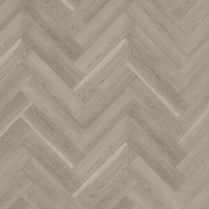 Parchet SPC Herringbone 64566 cu decor de stejar gri cald și fibră arcuită, plăci așezate în spic, vedere de sus