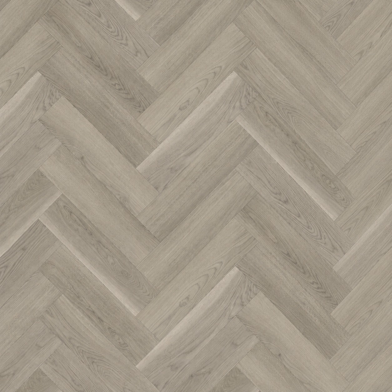 Parchet SPC Herringbone 64566, vedere de sus Parchet SPC Herringbone 64566 cu decor de stejar gri cald și fibră arcuită, plăci așezate în spic, vedere de sus
