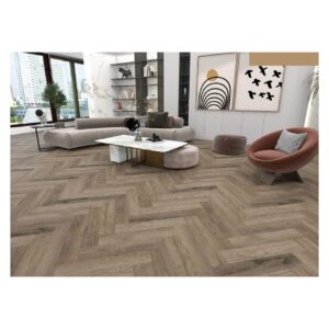 Parchet SPC Herringbone 80407 maro montat în spic într-un living modern cu fotoliu cărămiziu