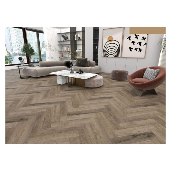 Parchet SPC Herringbone 80407 maro montat în spic într-un living modern cu fotoliu cărămiziu