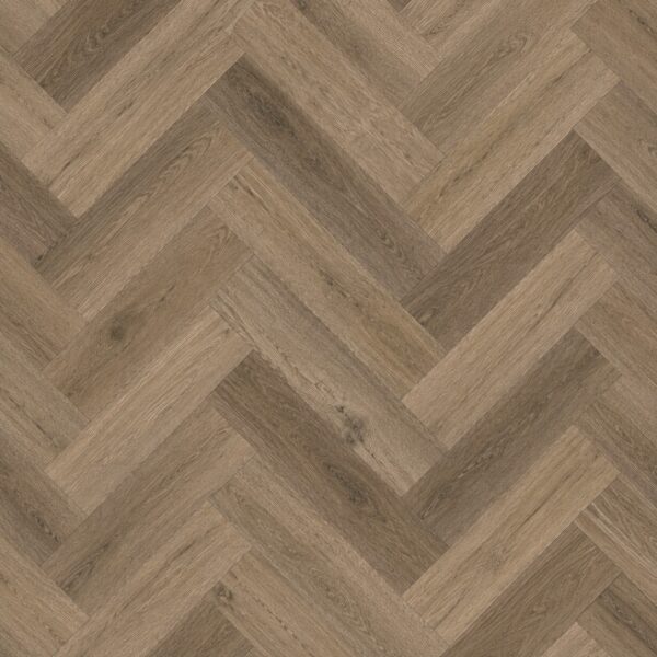 Parchet SPC Herringbone 80407 maro închis, cu decor de stejar, plăci așezate în spic, vedere de sus