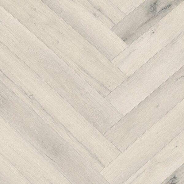 Parchet SPC Herringbone 80409 gri foarte deschis, cu decor de stejar și noduri, plăci în spic, vedere de sus
