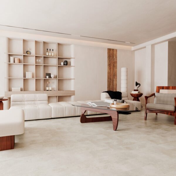 Parchet SPC Luxury 22101 cu aspect de piatră, montat într-un living cu canapea albă