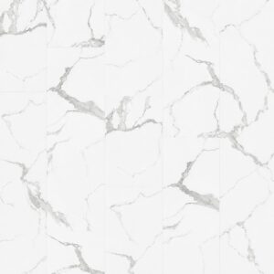 Parchet SPC Luxury 30401 cu aspect de marmură albă și vene gri ample, plăci de 30 × 60 cm decalate, vedere de sus